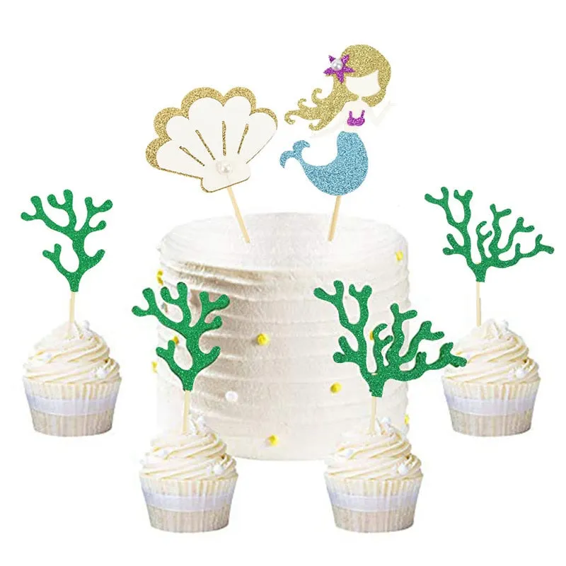 1Set Mermaid Party Happy Birthday Cake Topper Cupcake Toppers Girl Baby Shower Little Mermaid Theme Birthday Party Decorations