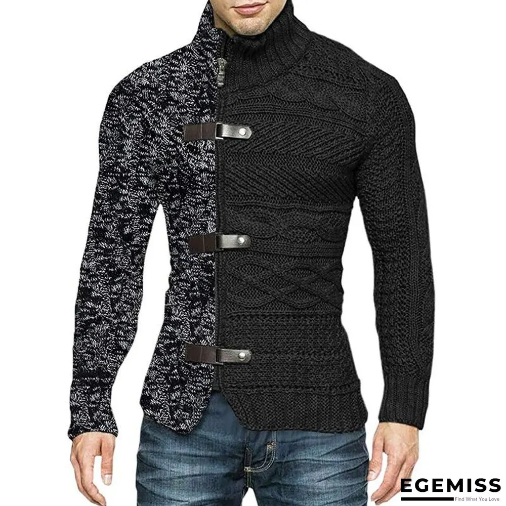 High Neck Sweater Men's Color Matching Leather Buckle Long Sleeve Knitted Cardigan | EGEMISS