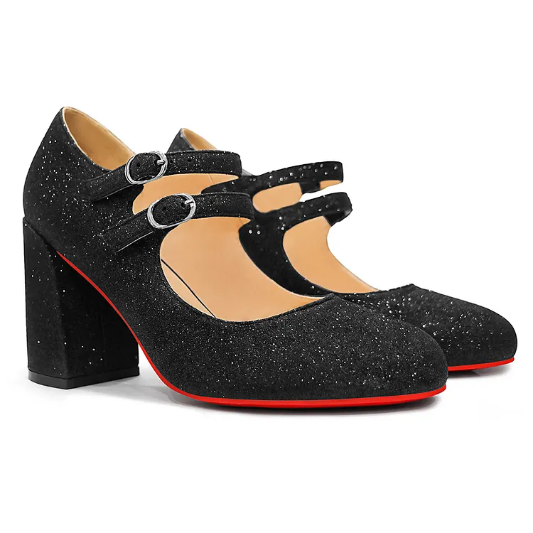 85mm Chunky Low Heel Mary Jane Pointed Toe Work High Heels Comfortable Round Shiny Red Bottom Shoes VOCOSI VOCOSI