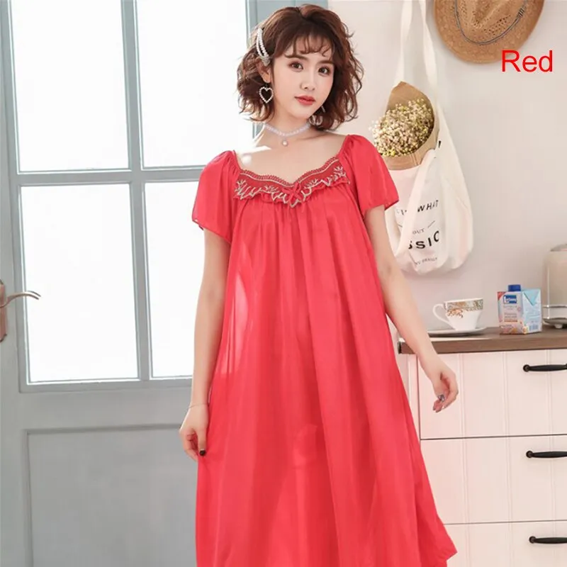 Sexy Night Dress Silk Short Sleeve Sleeping Dresses Ice Silk Satin Sleepwear Female Nightgown Women Plus Size Night Shirts