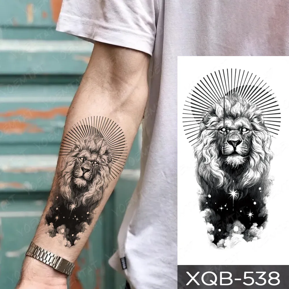 Sdrawing Temporary Tattoo Stickers Fox Lion Tiger Wolf Peony Rose Flowers Leaf Flash Tatto Women Men Body Art Arm Fake Tattoos