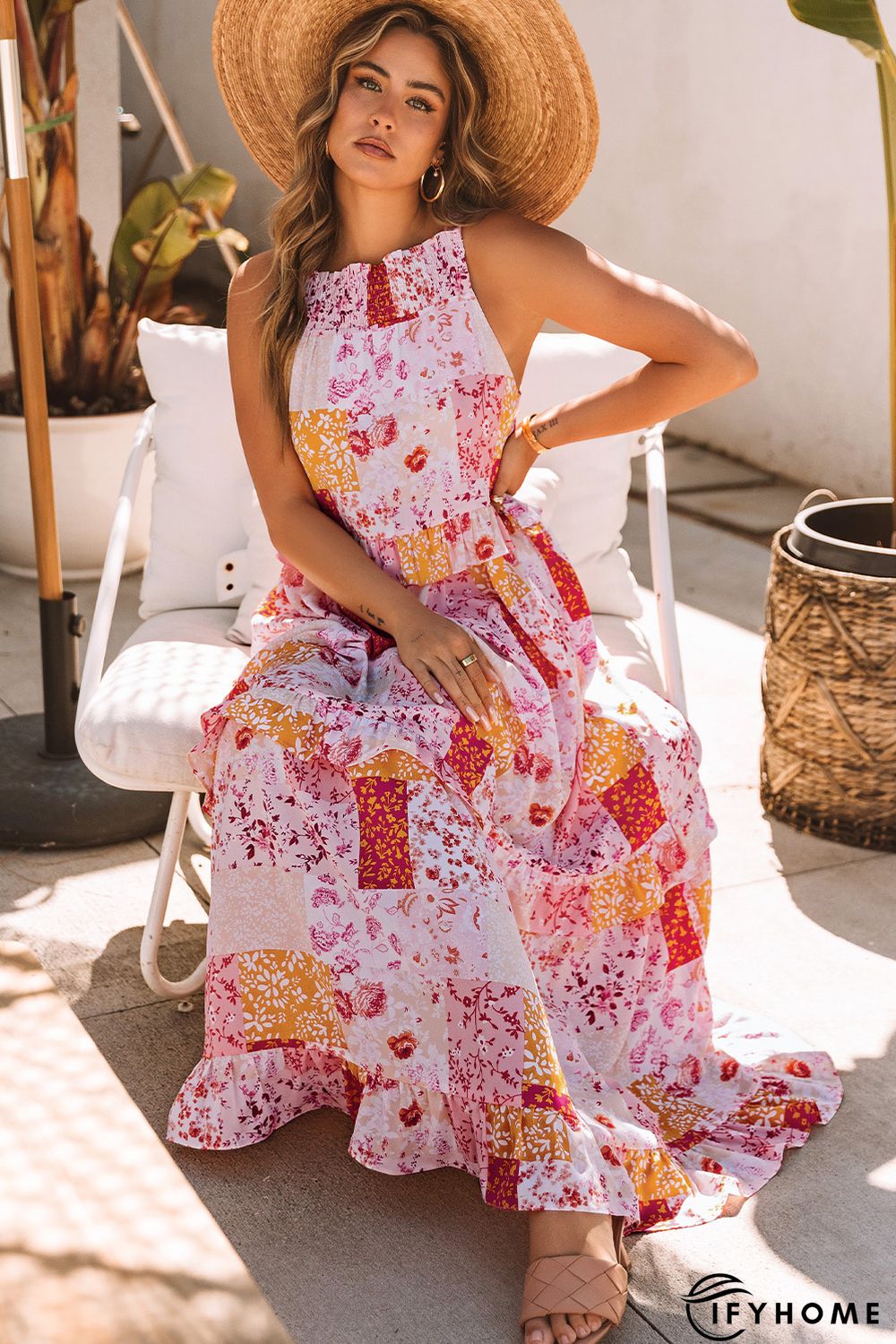 Multicolor Boho Geometric Floral Print Sleeveless Maxi Dress | IFYHOME
