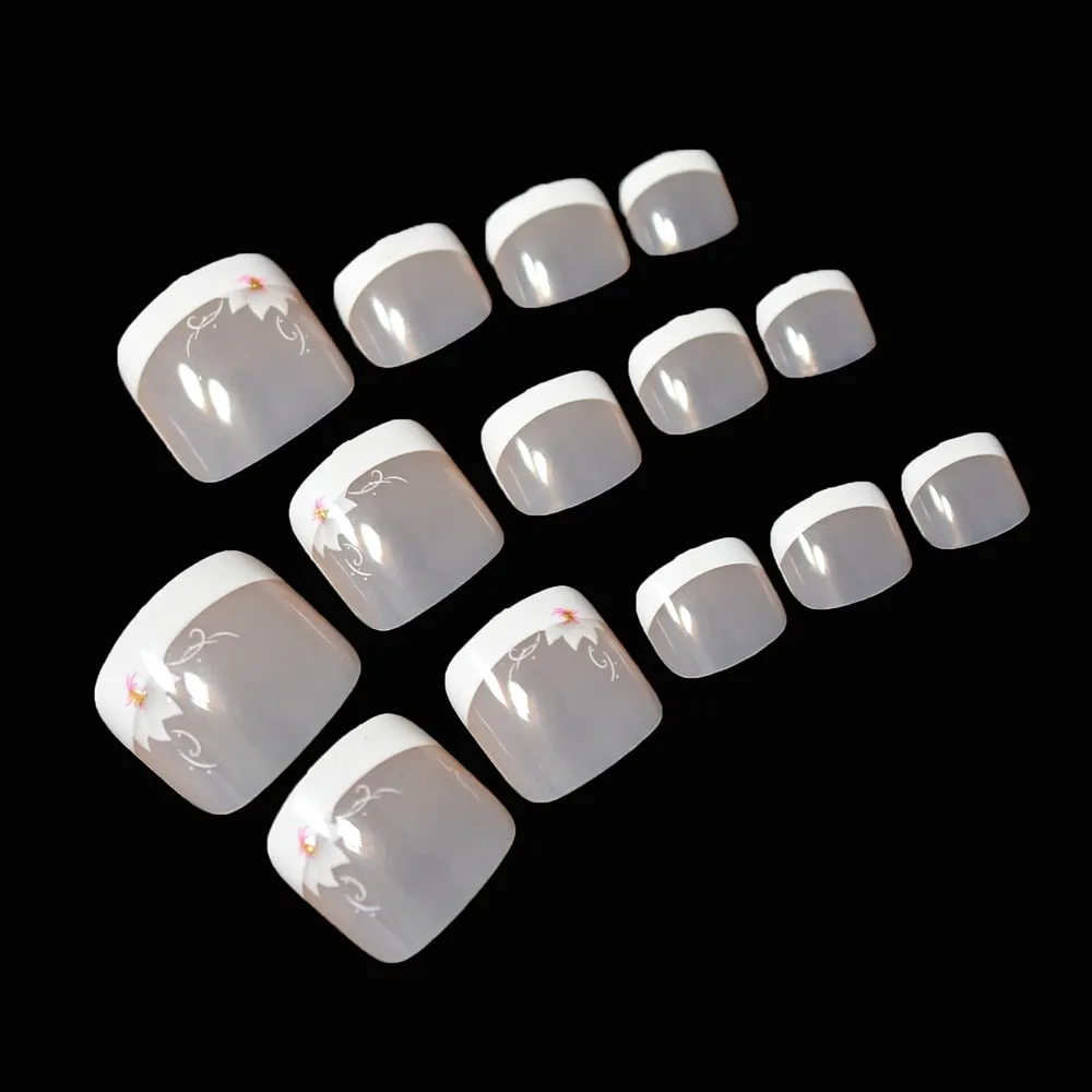 Beige White French Nails Acrylic Nude Toe Nails Shiny Surface Toenails Tips Decoration Designed Fake Nails 24pcs/kit-Nail Inspo