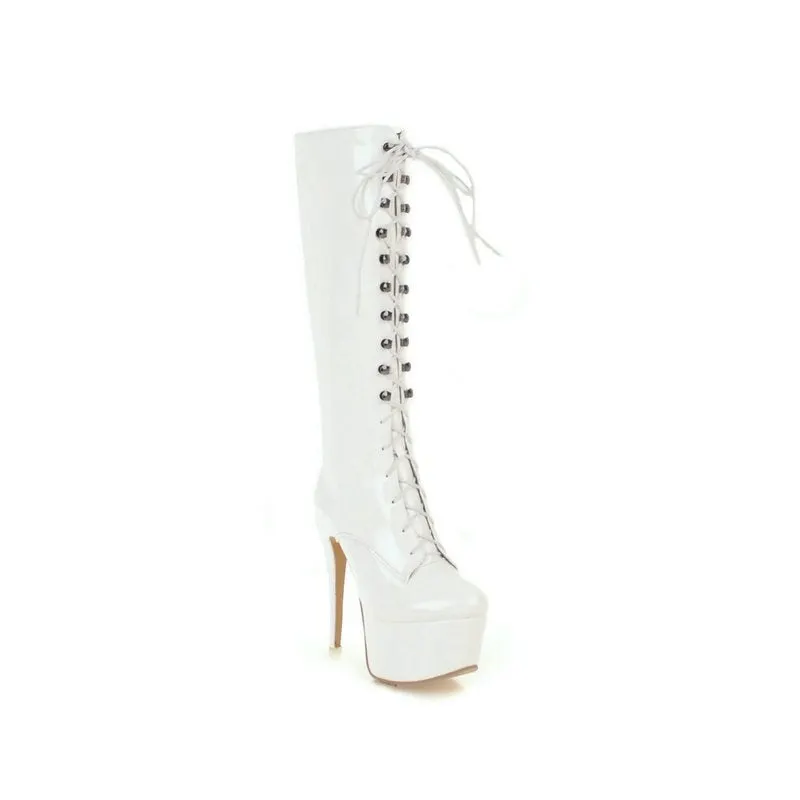 14cm super high heels knee high boots woman rouned toe platform black white red lace up ladies boots party shoes woman
