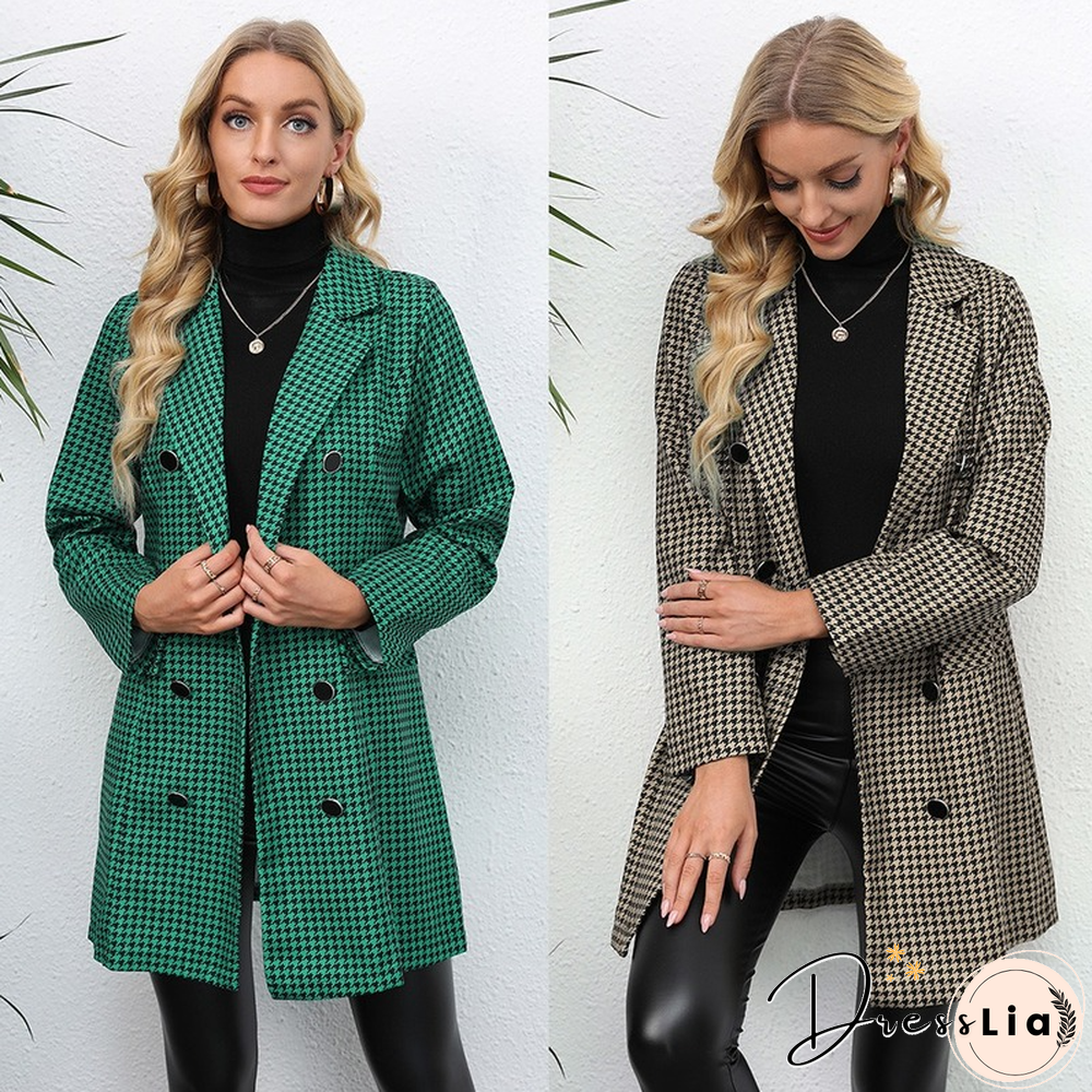 Fashion Houndstooth Printed Suit For Women Fall/Winter Casual Slim Double-breasted Pocket Lapel Long Trench Coat With Belt