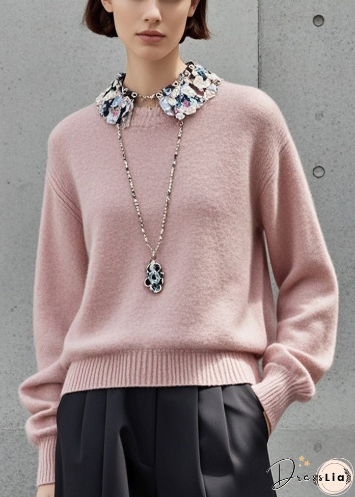 Simple Light Pink Stand Collar Patchwork Knitted Tops Fall