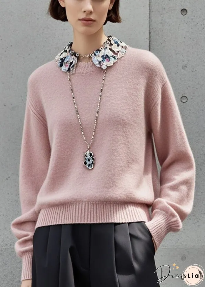 Simple Light Pink Stand Collar Patchwork Knitted Tops Fall