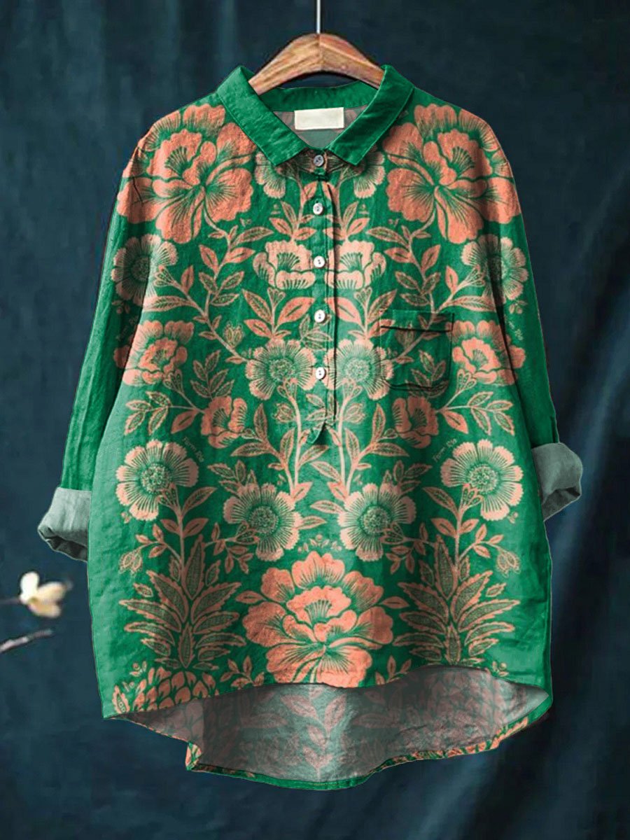 Vintage Lovely Floral Art Print Casual Cotton And Linen Shirt