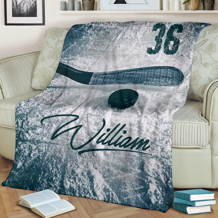 Hockey Blanket, Blue Ice Hockey Blanket Hockey Stick And Puck Sherpa Fleece Blanket | BKKid560