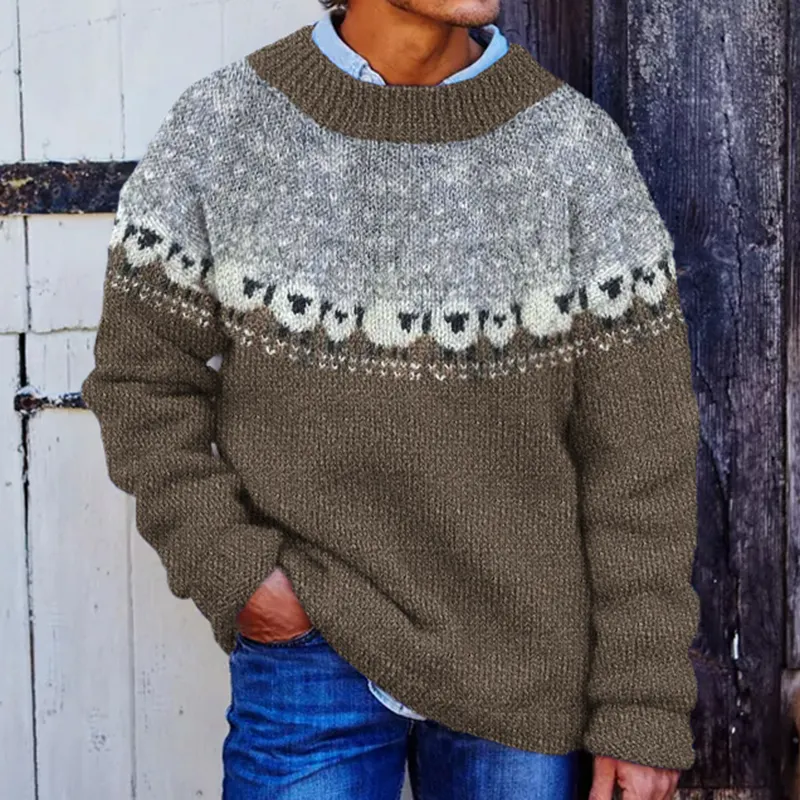 Mens Vintage Fair Isle Sheep Knit Art Cozy Sweater