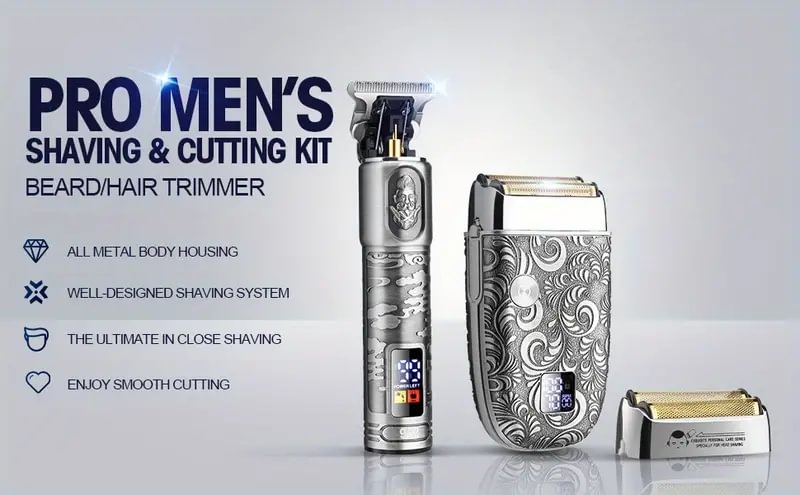 Aparador de cabelo profissional barbeador elétrico com folha para homens aparador de barba sem fio clipes de cabelo barbeador elétrico masculino conjunto de cuidados com o cabelo com bateria recarregável adequado para o presente do dia dos pais Detalhes 2