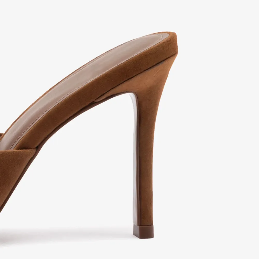 Brown Vegan Suede Slip-On Open Toe Mules Shoes with Stiletto Heel