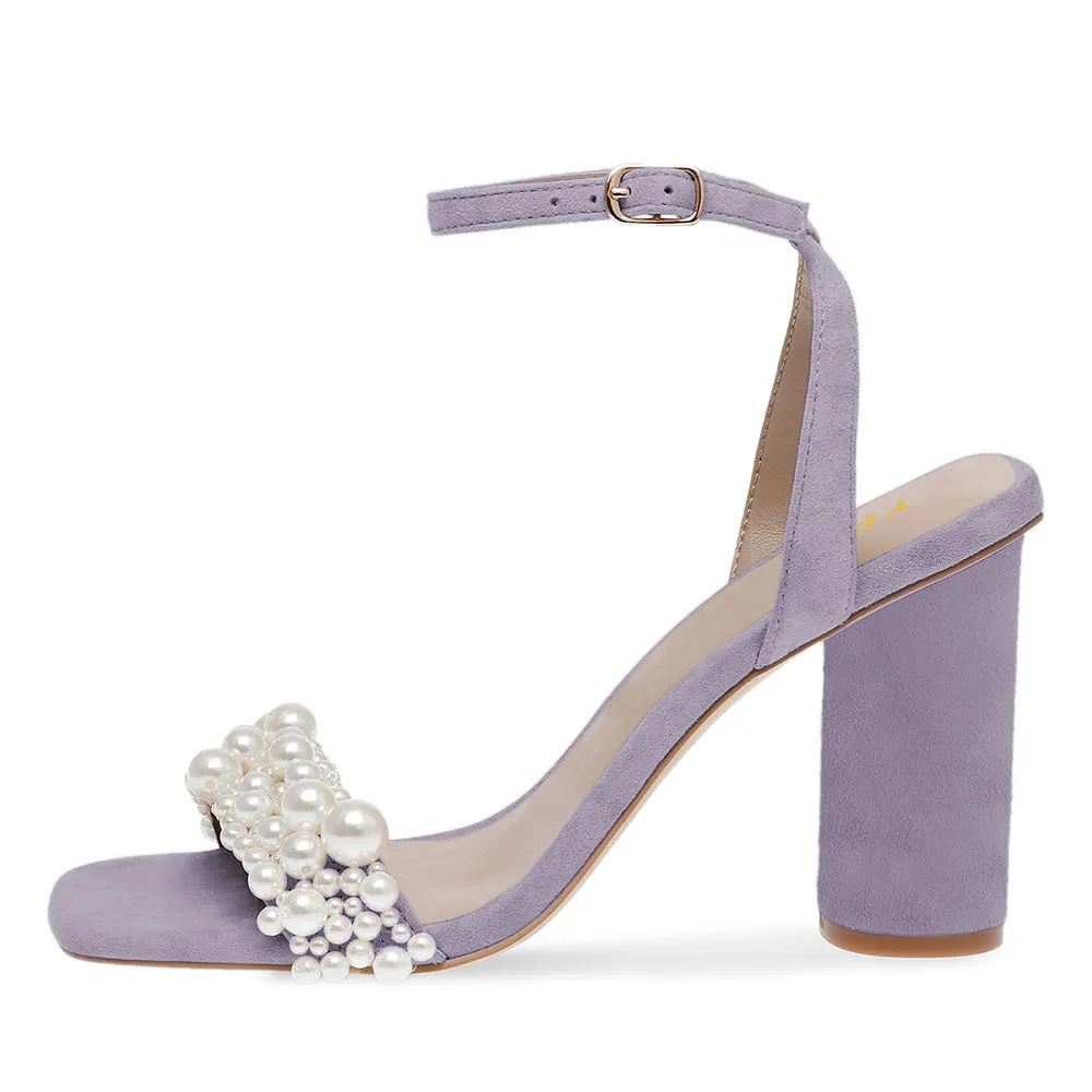 Purple Ankle Strap Open Square Toe Pearl Cylinder Heeled Sandals