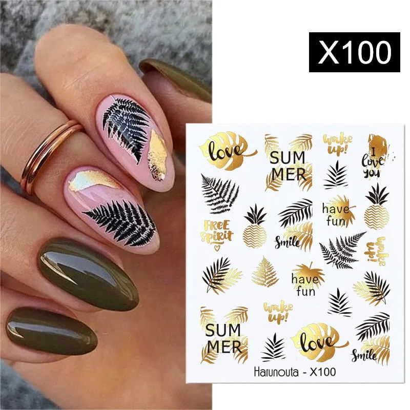 Harunouta Marble Blooming 3D Nail Sticker Decals Flower Leaves Transfer Water Sliders Abstract Geometric Lines Nail Watermark