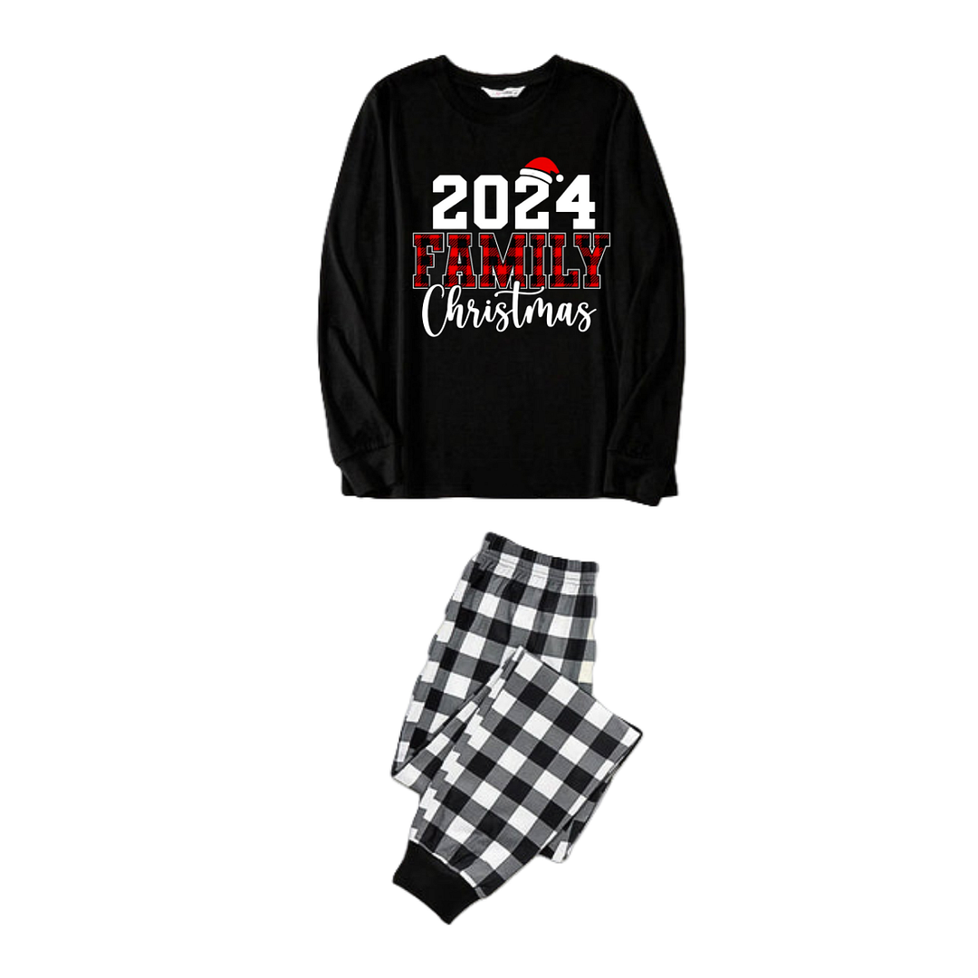 2024 Family Christmas Text Print Black Long Sleeve Top with Black And White Plaid Pants Family Matching Pajamas