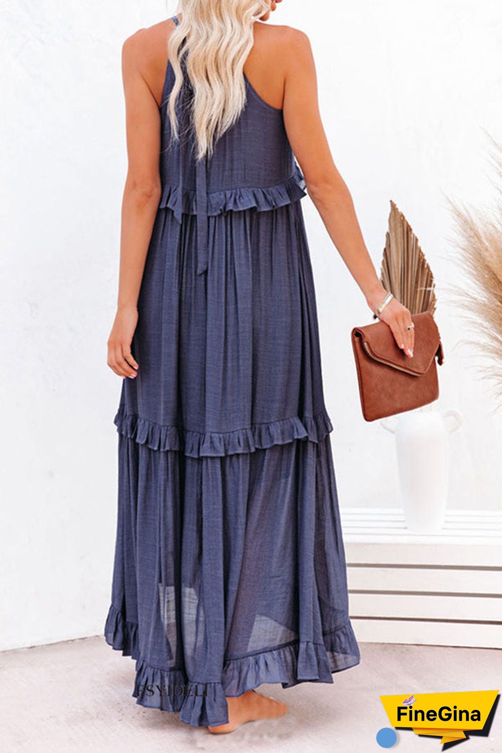 Pocketed Halter Textured Maxi Dress