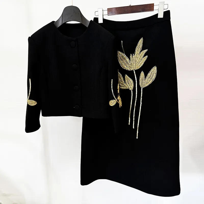 Nigikala Nigikala New Temperament Flower Heavy Industry Nails Seven-Sleeved Jacket Jacket Mid-Long Half Skirt Set