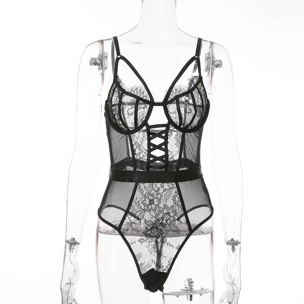 Yimunancy Floral Lace Bodysuit Women Lace Up Mesh Bodysuit Ladies 2020 Sexy Teddies Bodysuit