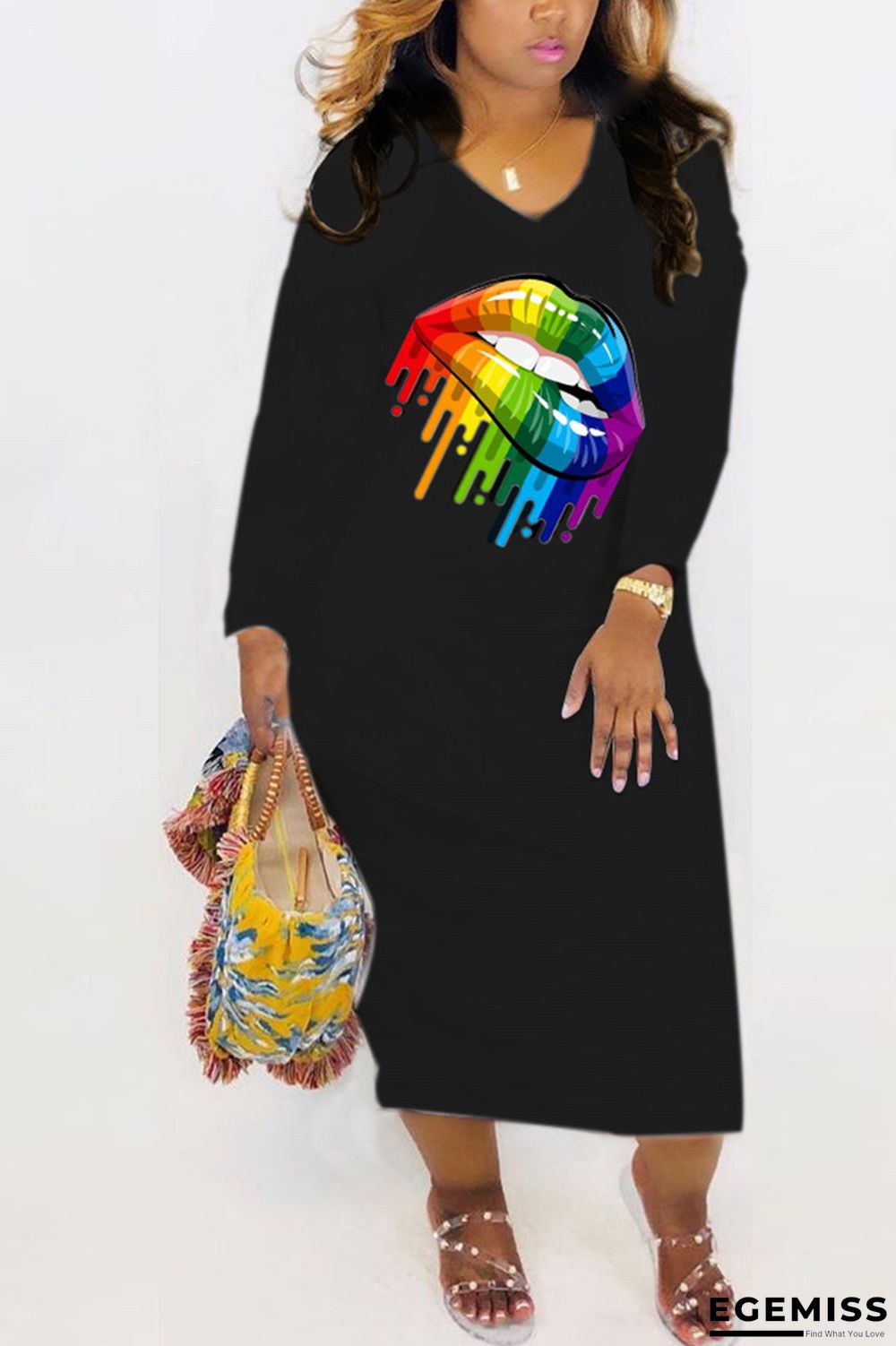 Black Fashion Casual Loose Multicolor Lips Print Dress | EGEMISS