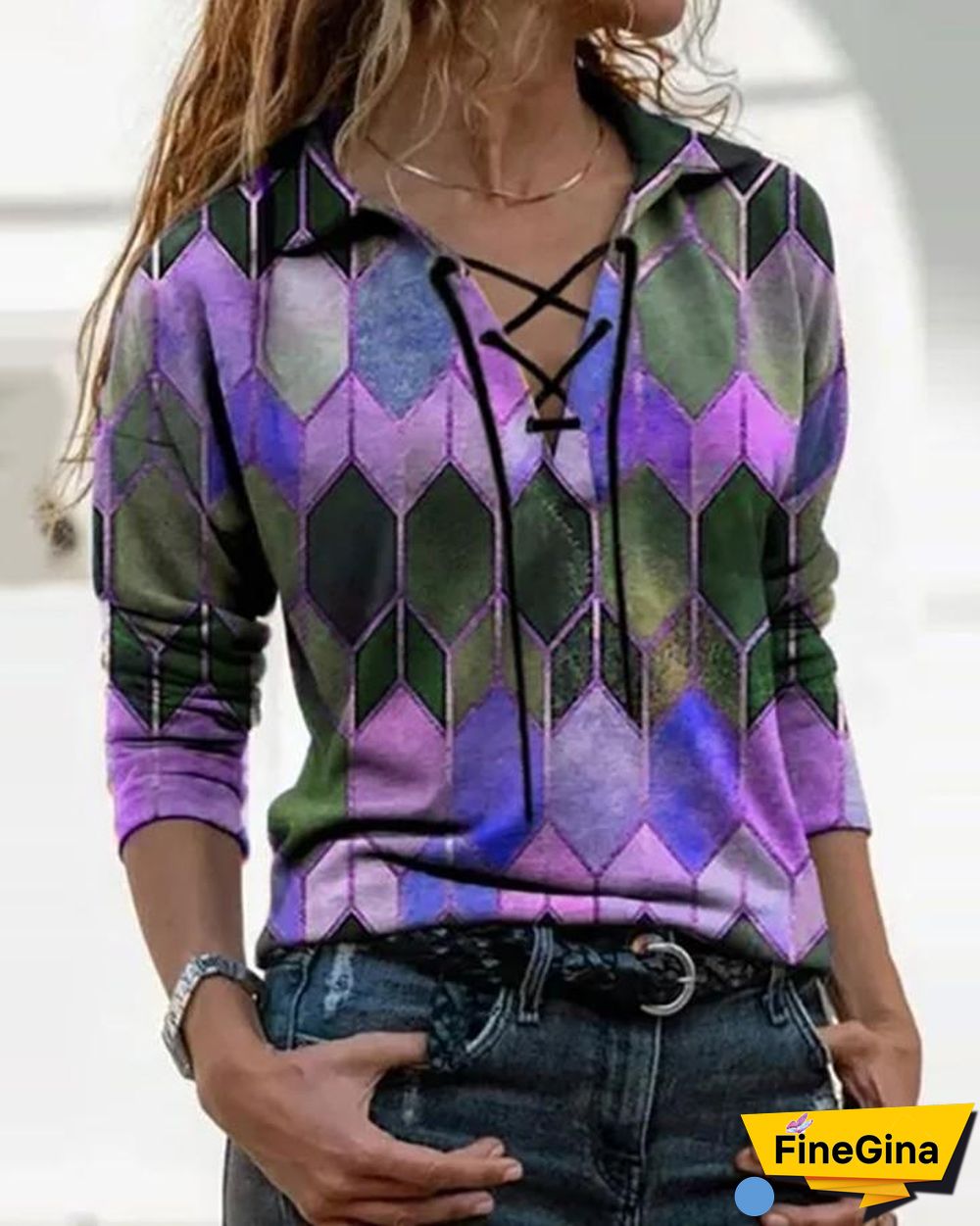 Geo Print Colorblock Lace Up T-shirt P12095