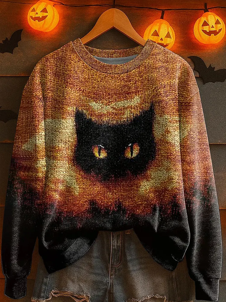 Women's Halloween Black Cat Knitted Sweater