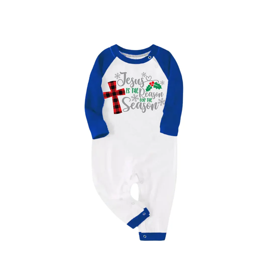 Christmas "Jesus is the Reason of the Season" Letter Print Patterned Blue and White Raglan Sleeves with Blue&White&Black Plaid Pants Family Matching Pajamas