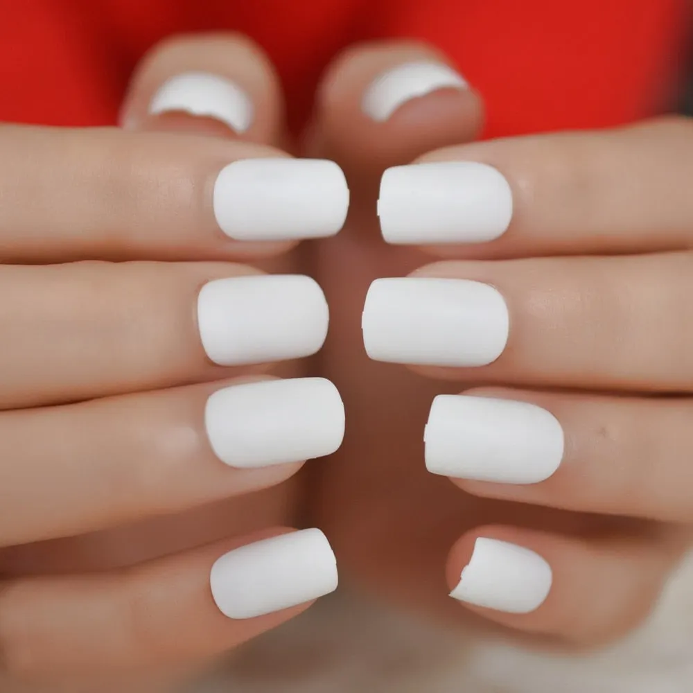 Pearl Shine Glossy Fake Nails Shimmer White Square Ombre French Nail Faux Ongles Gradient Medium Fingernails with Gluetabs-Nail Inspo