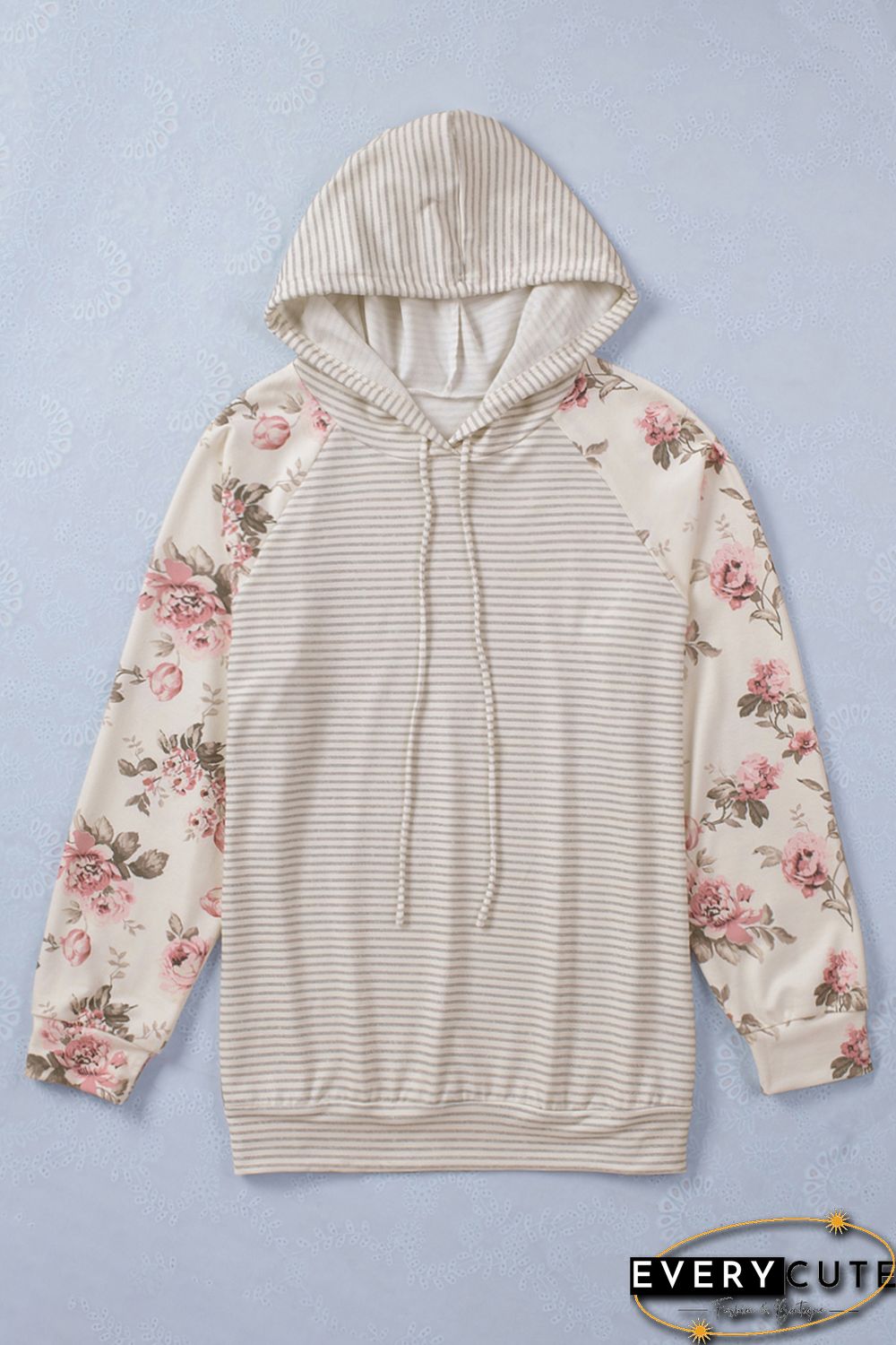 Plus Size Floral Raglan Sleeve Striped Hoodie