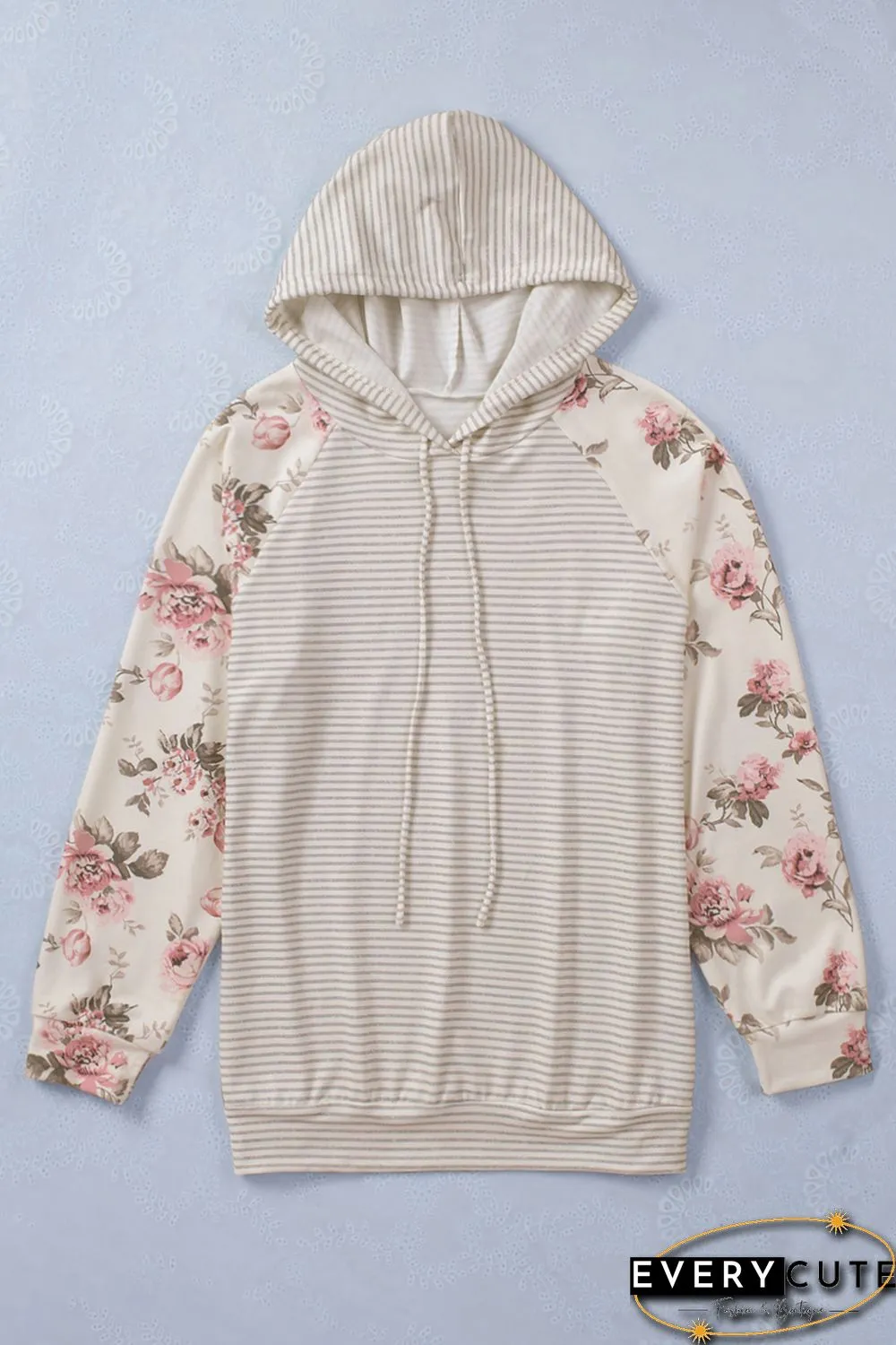 Plus Size Floral Raglan Sleeve Striped Hoodie