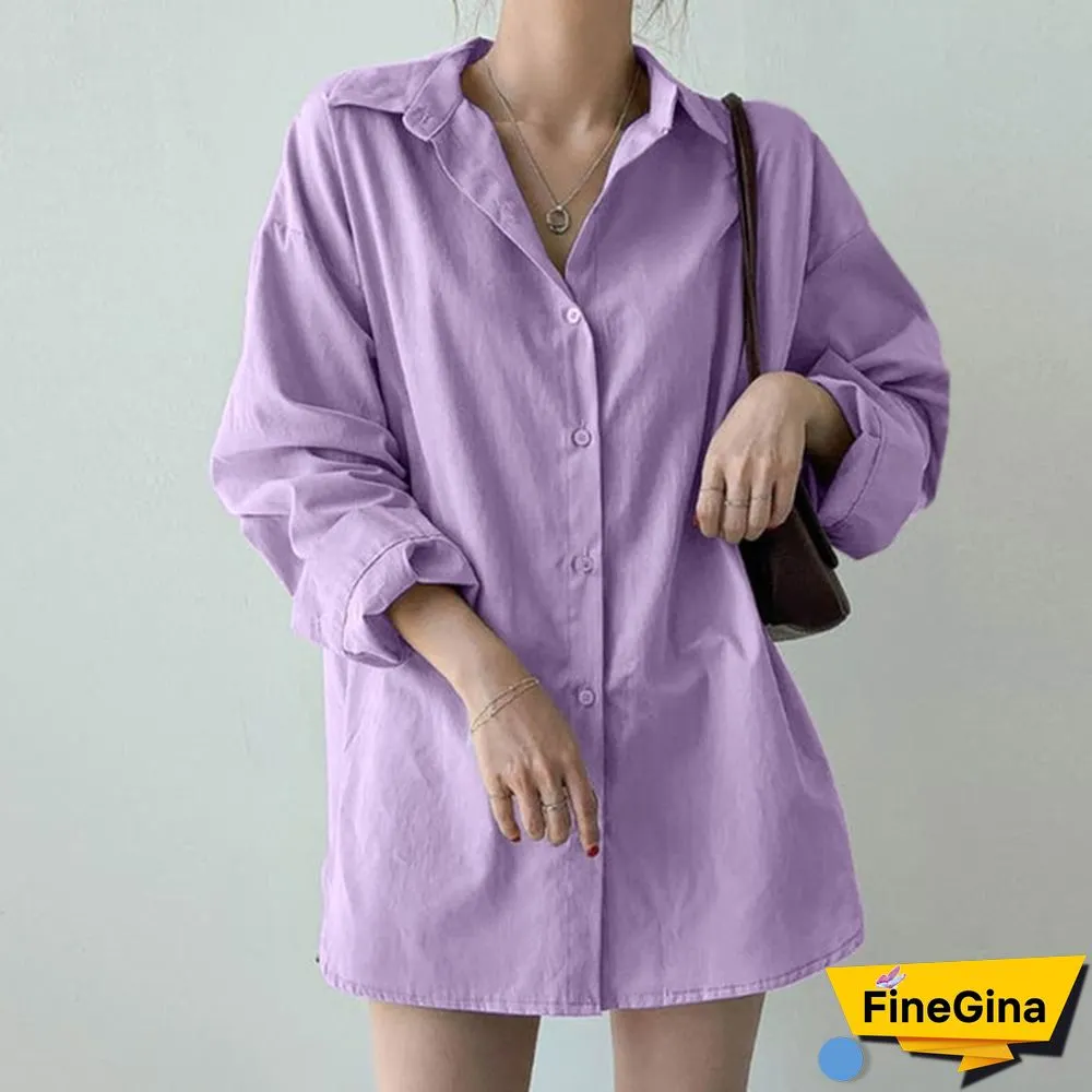 Women Drop Shoulder Long Sleeve Shirt Side Slit Oversized Shirt Casual Blouse