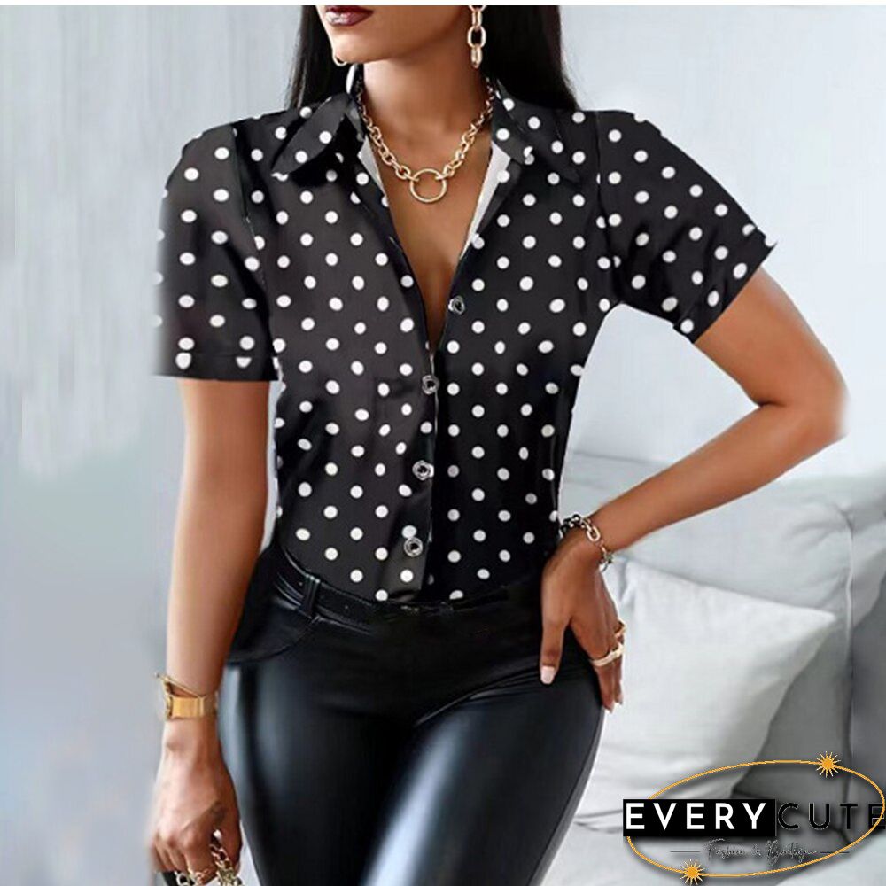 Summer Women Black Floral Print Top Shirt Fashion Casual Short Sleeve Turn-down Collar Tops Shirts New Elegant Slim Button Shirt