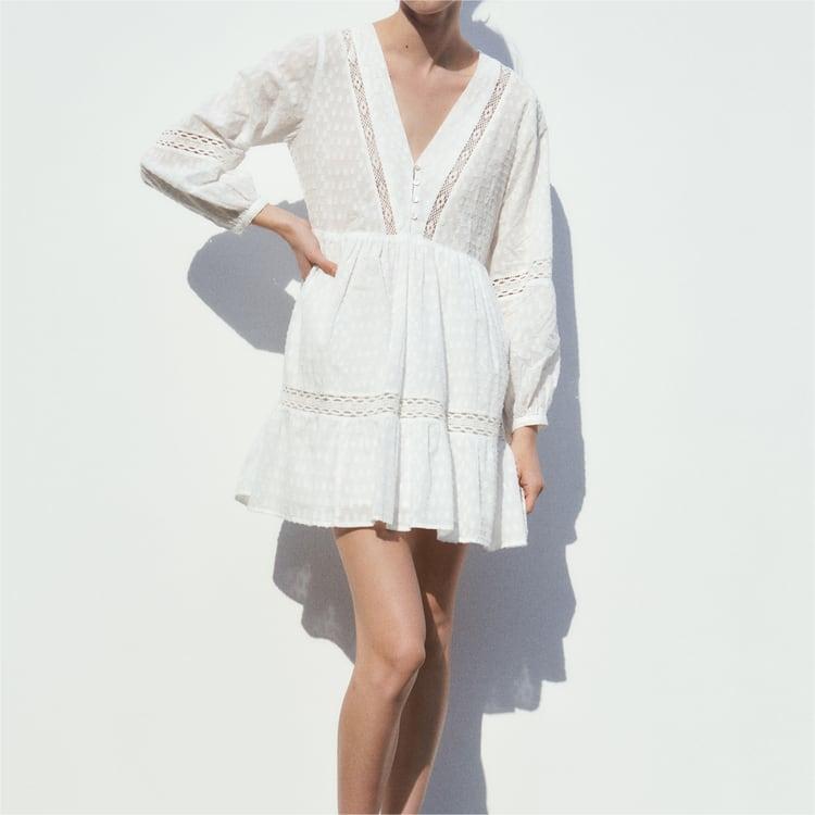 Summer Women Clothing V Neck Long Sleeve White Embroidered Short Dress