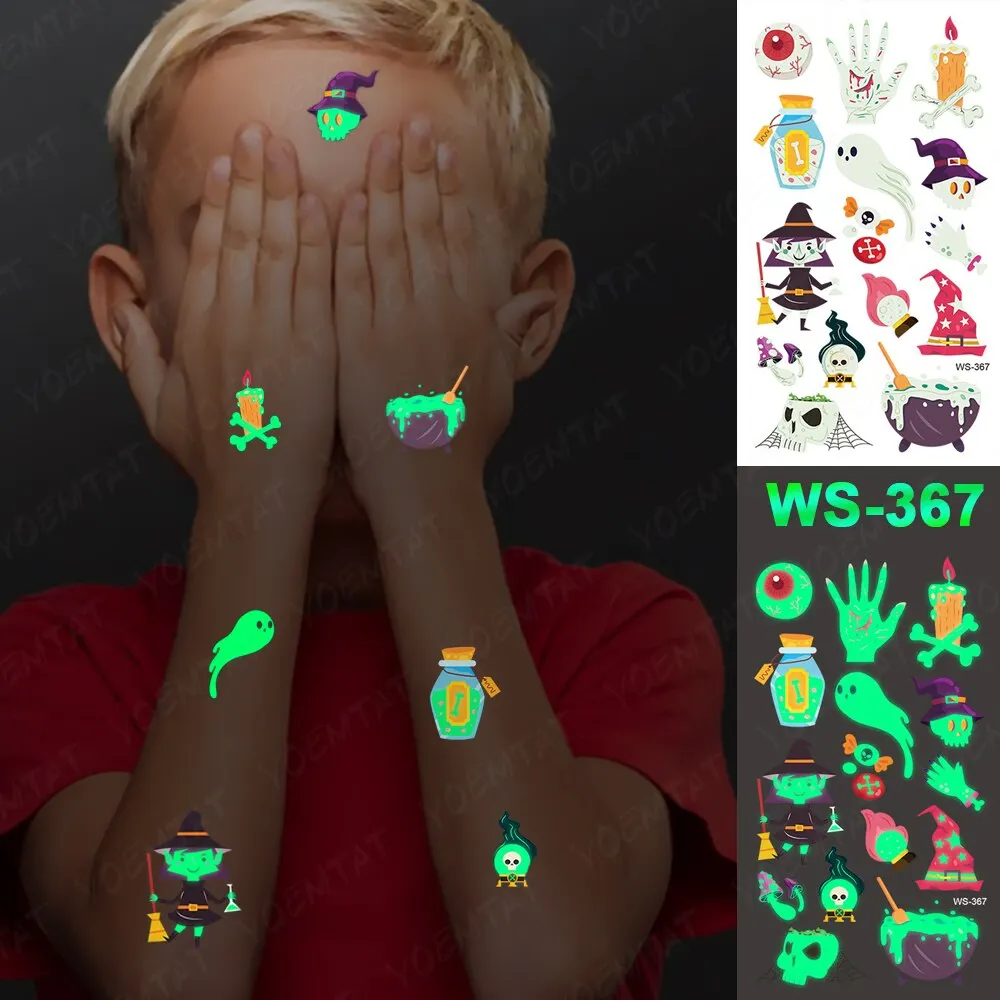 Sdrawing Temporary Luminous Tattoo Sticker Waterproof Pumpkin Skull Tatoo Arm Glowing Tattoos On Child Halloween Party Decor