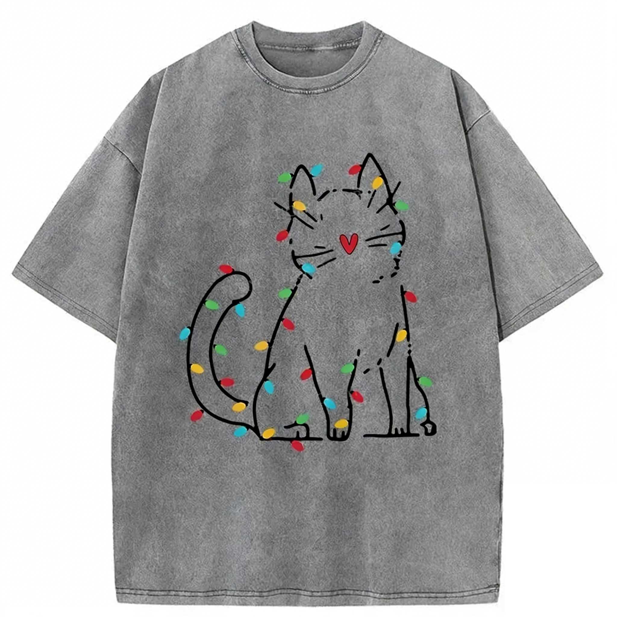Japan Christmas Lights Cat Washed T-shirt elevenforest