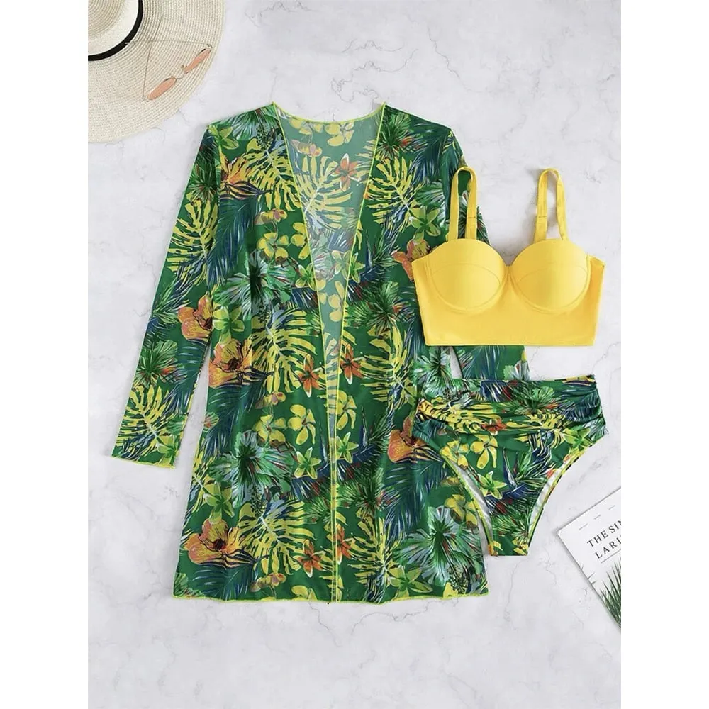 2022 Sexy Bikinis And Cover Set Women Swimsuit Printed Swimwear High Waist Summer Strappy Bathing Suit Beach Wear Biquini Female