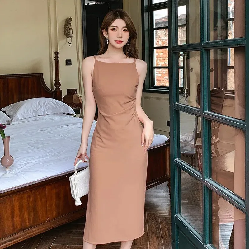 Brownm Summer Elegant Women Evening Dress Simple Solid Sexy Strap Slim Slit Midi Party Club Beach Prom Robe Femme Mujer Vestidos