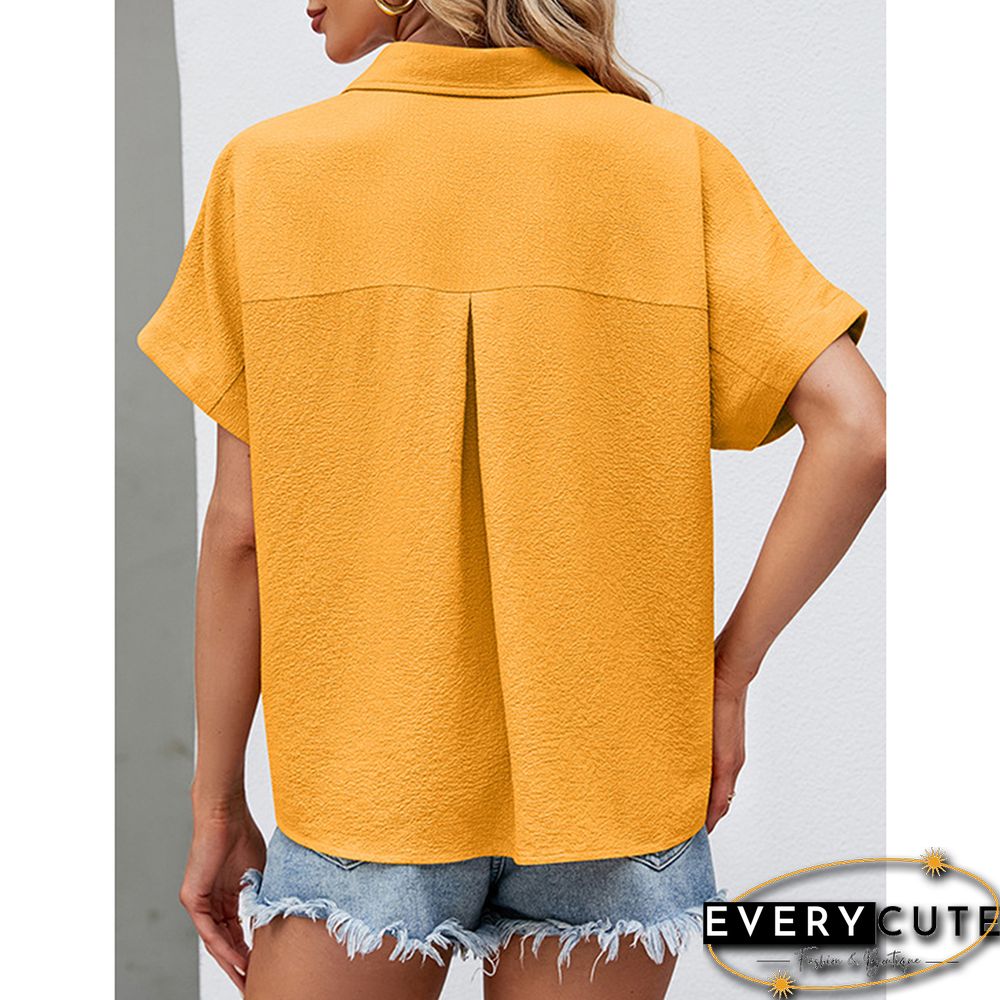 Yellow Button Lapel V Neck Short Sleeve Shirt