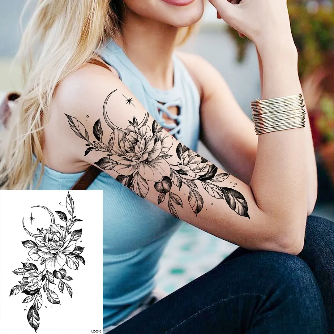Sdrawing Peony Flower Temporary Tattoos For Women Adults Realistic Compass Moon Pendant Fake Tattoo Sticker Arm Body Tatoos