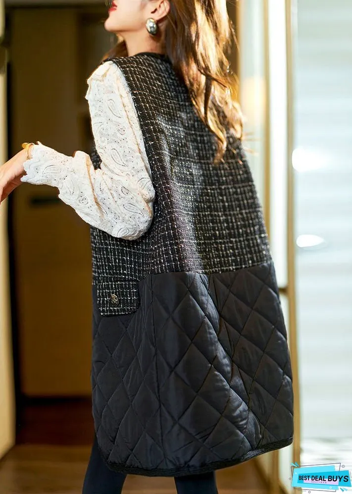 Stylish Black V Neck Patchwork Fleece Waistcoat Sleeveless