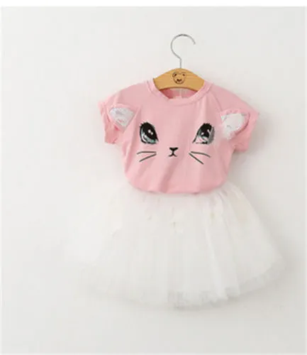  Kids Baby Girls Outfits Clothes Cat Print Short SleeveT-shirt Tops Tutu Dress 2Pcs Set 2-7Y