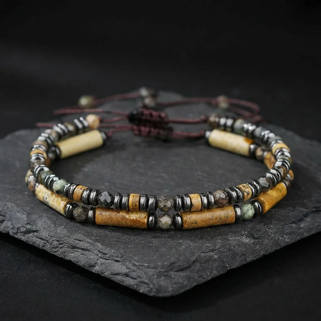 Noir Hematite & Beaded Stackable Bracelet Set | Men's Adjustable Wristwear Midnight Black Set
