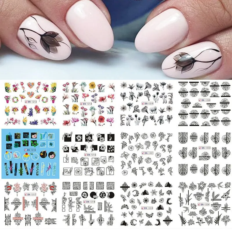 12Pcs Flower Leaf Geometric Lines Water Decals Spring Floral Butterfly Transfer Sliders Paper For Nails Decoration Manicures