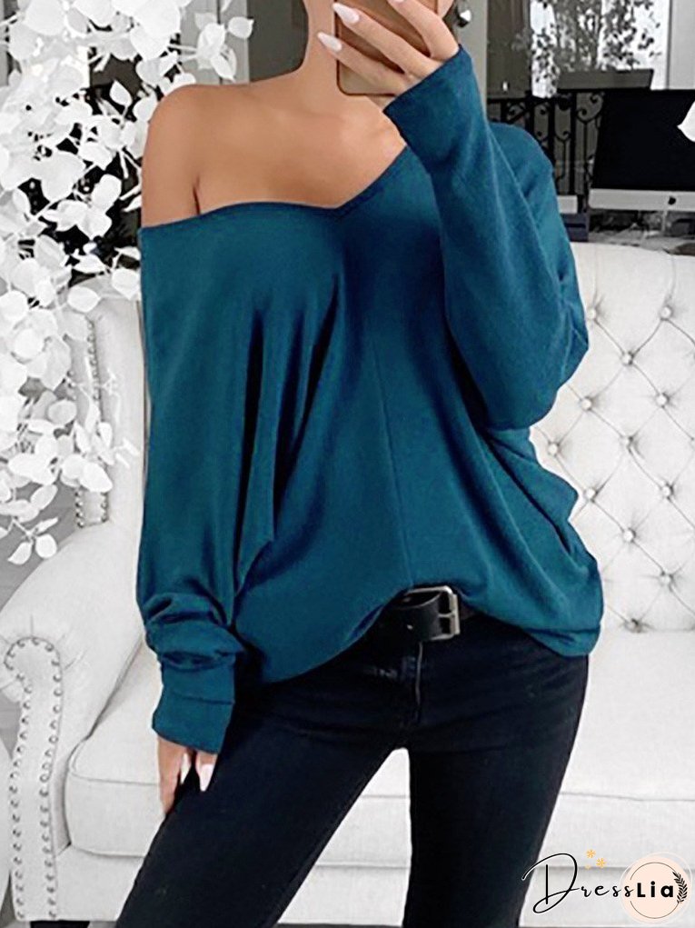 Women's T-Shirts Simple V-Neck Off-Shoulder Long Sleeve T-Shirt