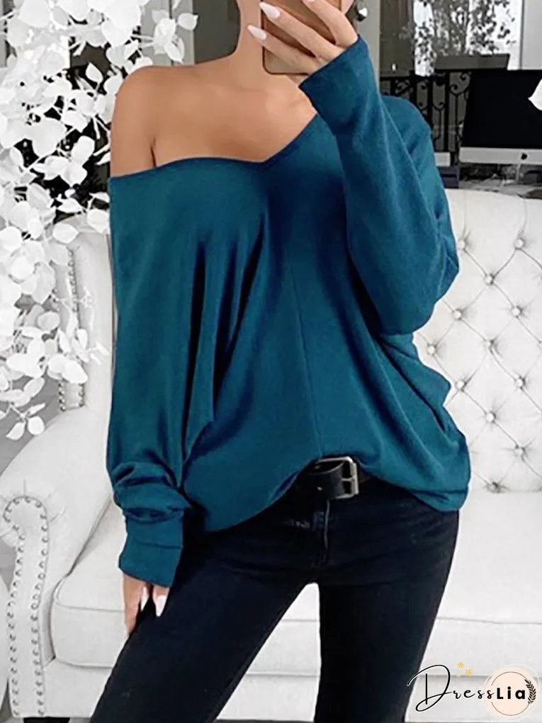 Women's T-Shirts Simple V-Neck Off-Shoulder Long Sleeve T-Shirt