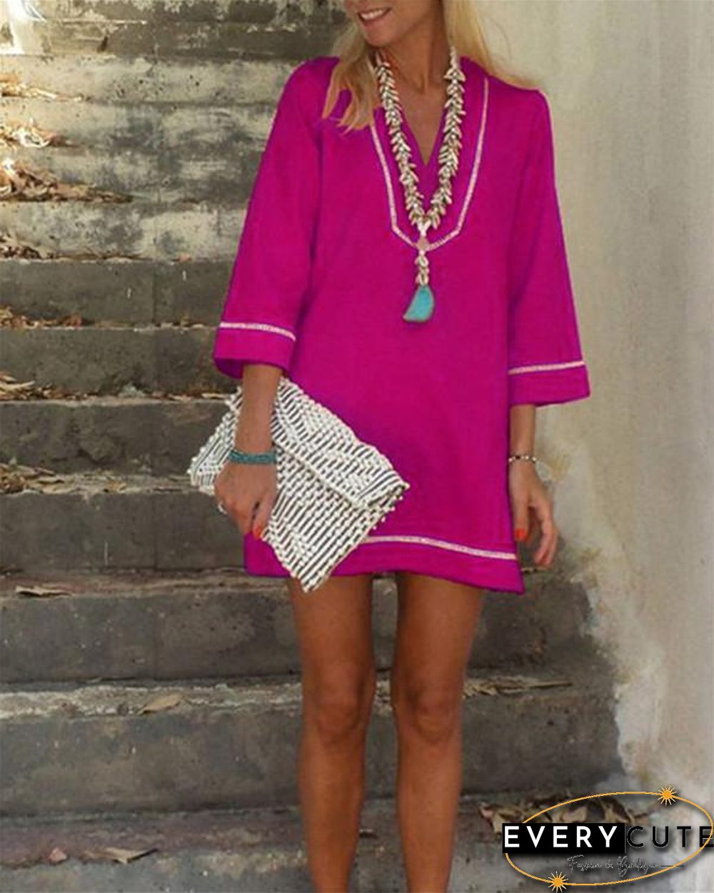Bohemian Solid 3/4 Sleeve Casual Mini Dress