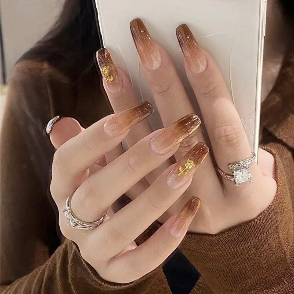 24pcs Gradient Color False Nails With press Glue Type Long Paragraph Fashion Manicure Patch Full Cover Wearable Coffin Fake Nail-Nail Inspo