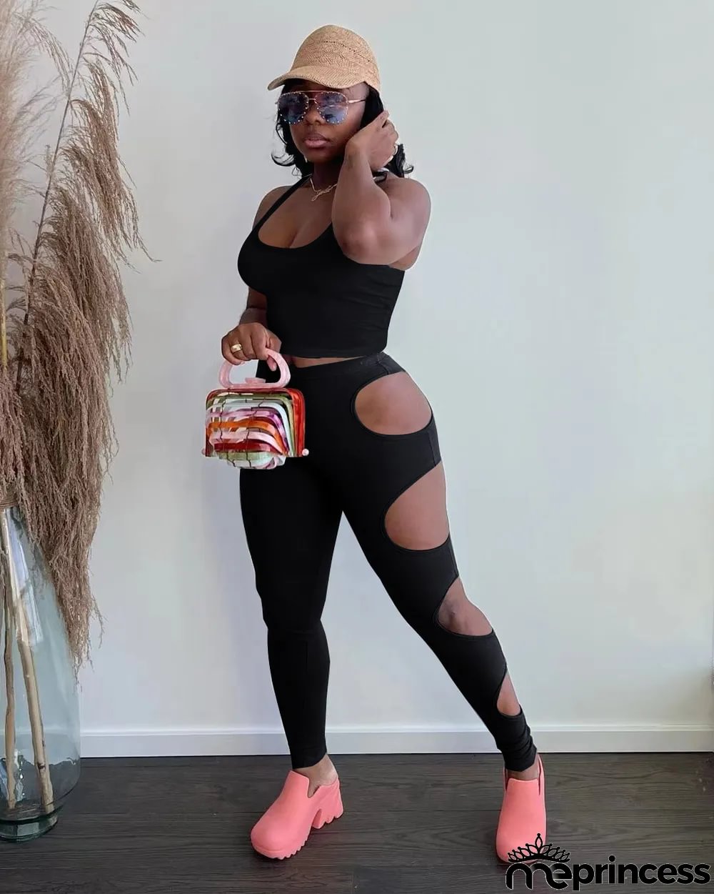 Solid Tank Top Hole Pants Two Piece Sets