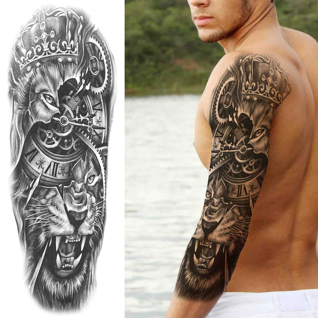 Sexy Girl Flower Temporary Tattoos For Women Men Black Lion Triangle Tattoo Sticker Fake Tribal Full Arm Sleeve Tatoos Paste 1108-1