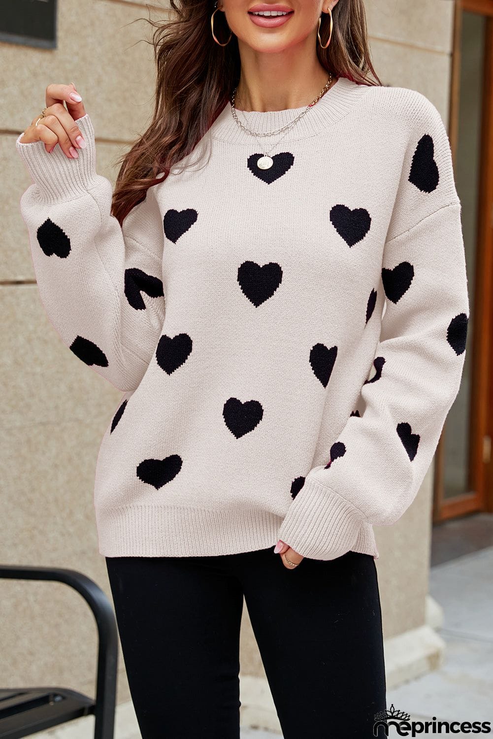 Heart Pattern Ribbed Trim Knit Sweater