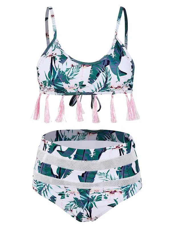 Floral-Print Tasseled Split-Joint Split Bikini Swimsuit